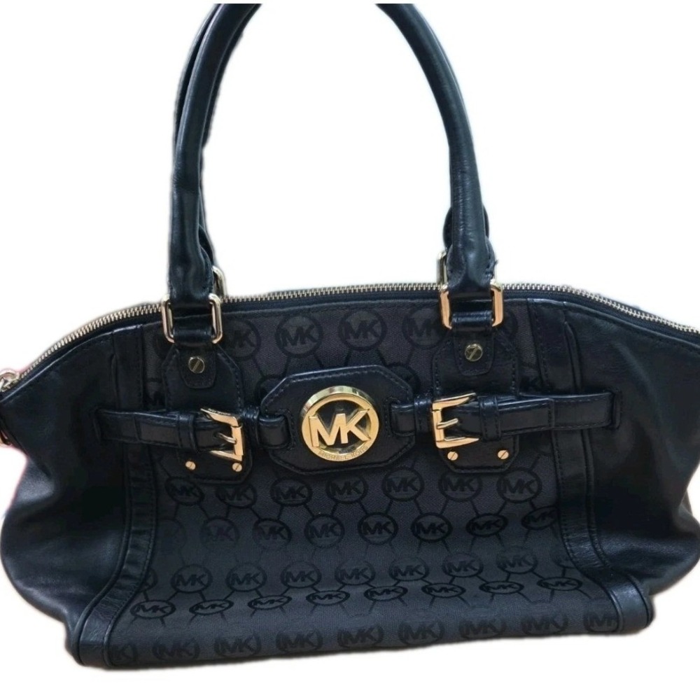 Michael Kors Black Signature Monogram Jacquard Leather Satchel Handbag Gold Logo